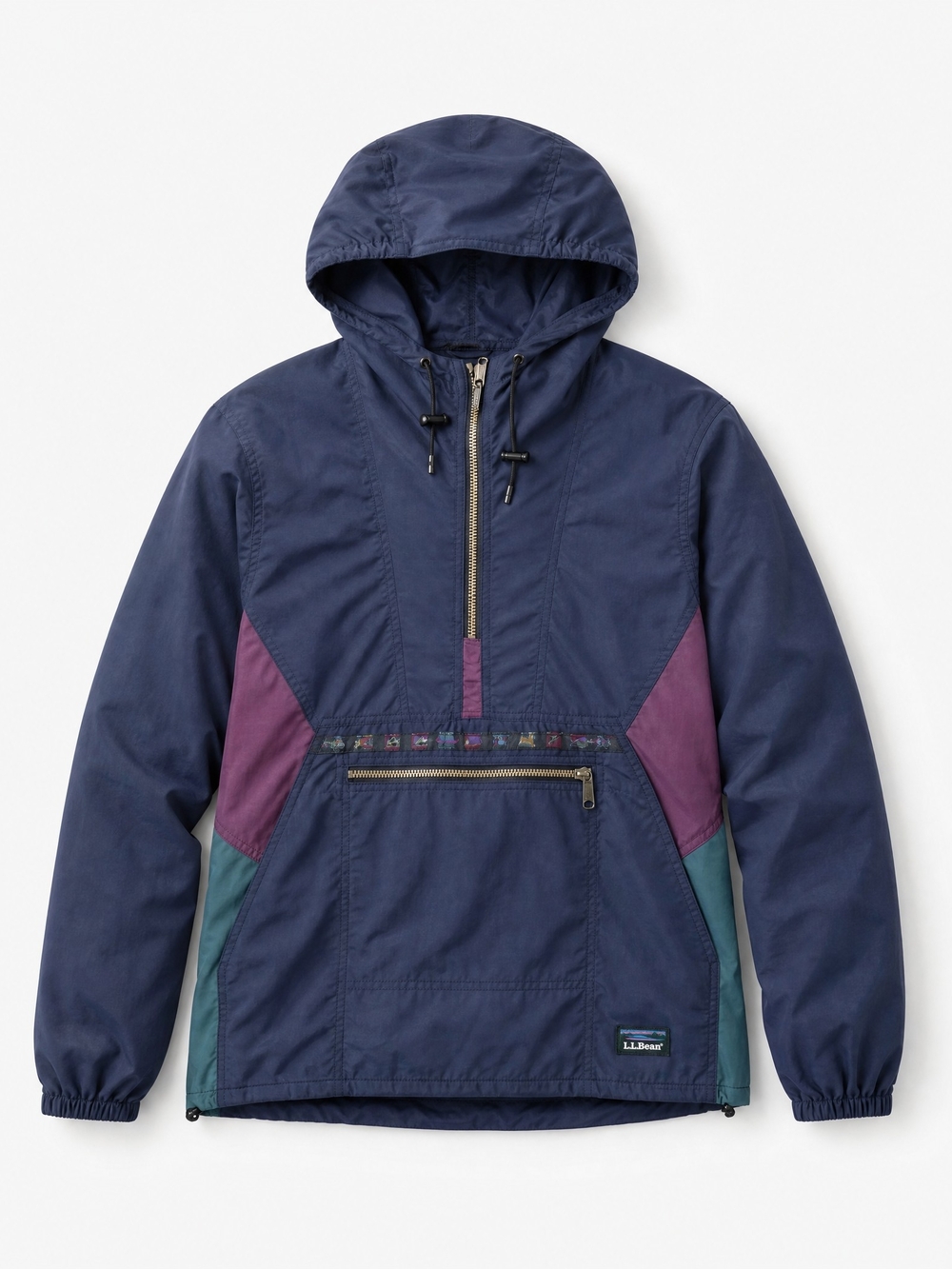 L.L. Bean Navy Hooded Anorak Jacket with Purple & Teal Panels